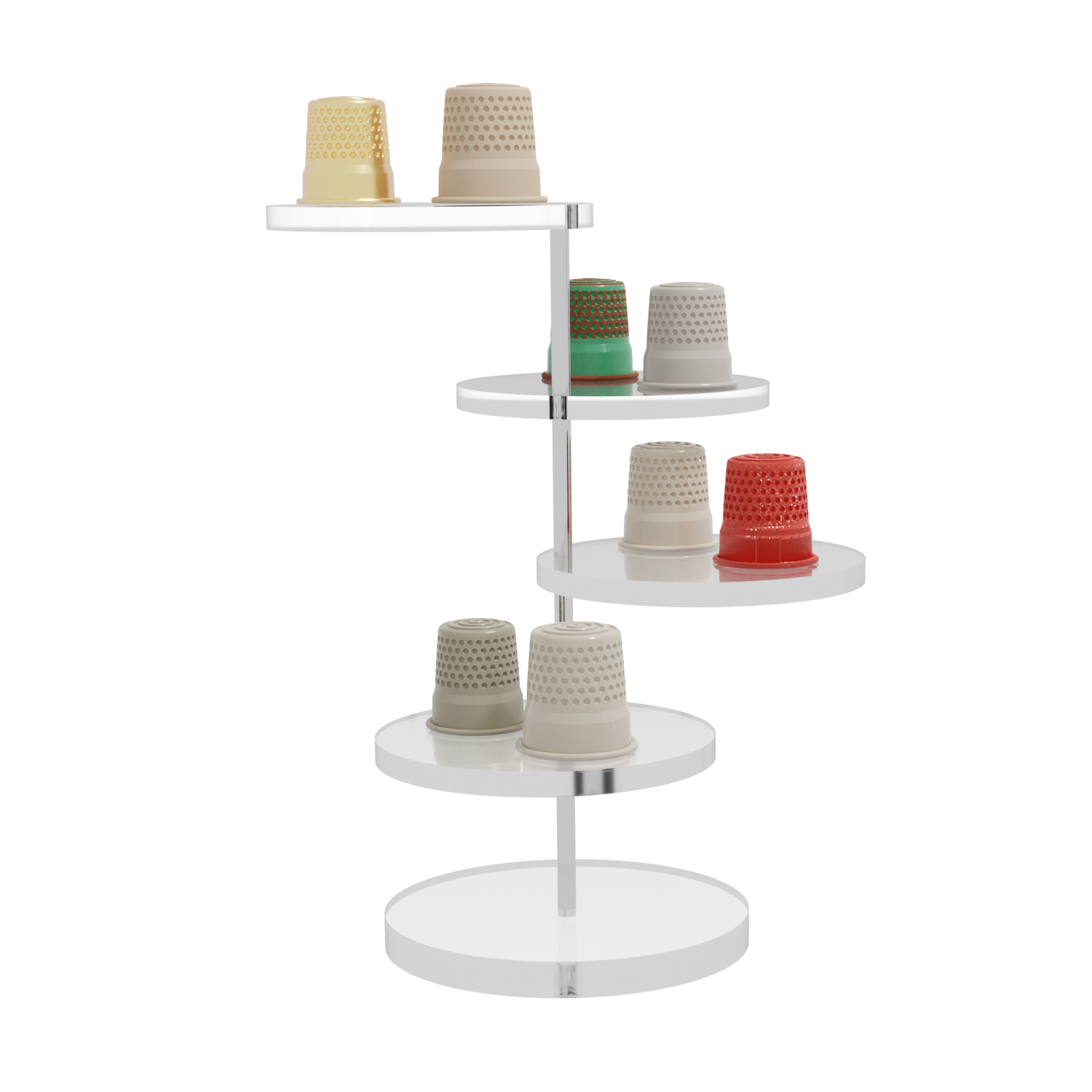 Round multi-tray plexiglass display - Tray diameter 4.5cm Rod height 16cm